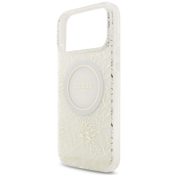 Guess Case Magsafe IML Case Flowers Electroplated Allover With Beads Strap For iPhone 17 Pro Max White