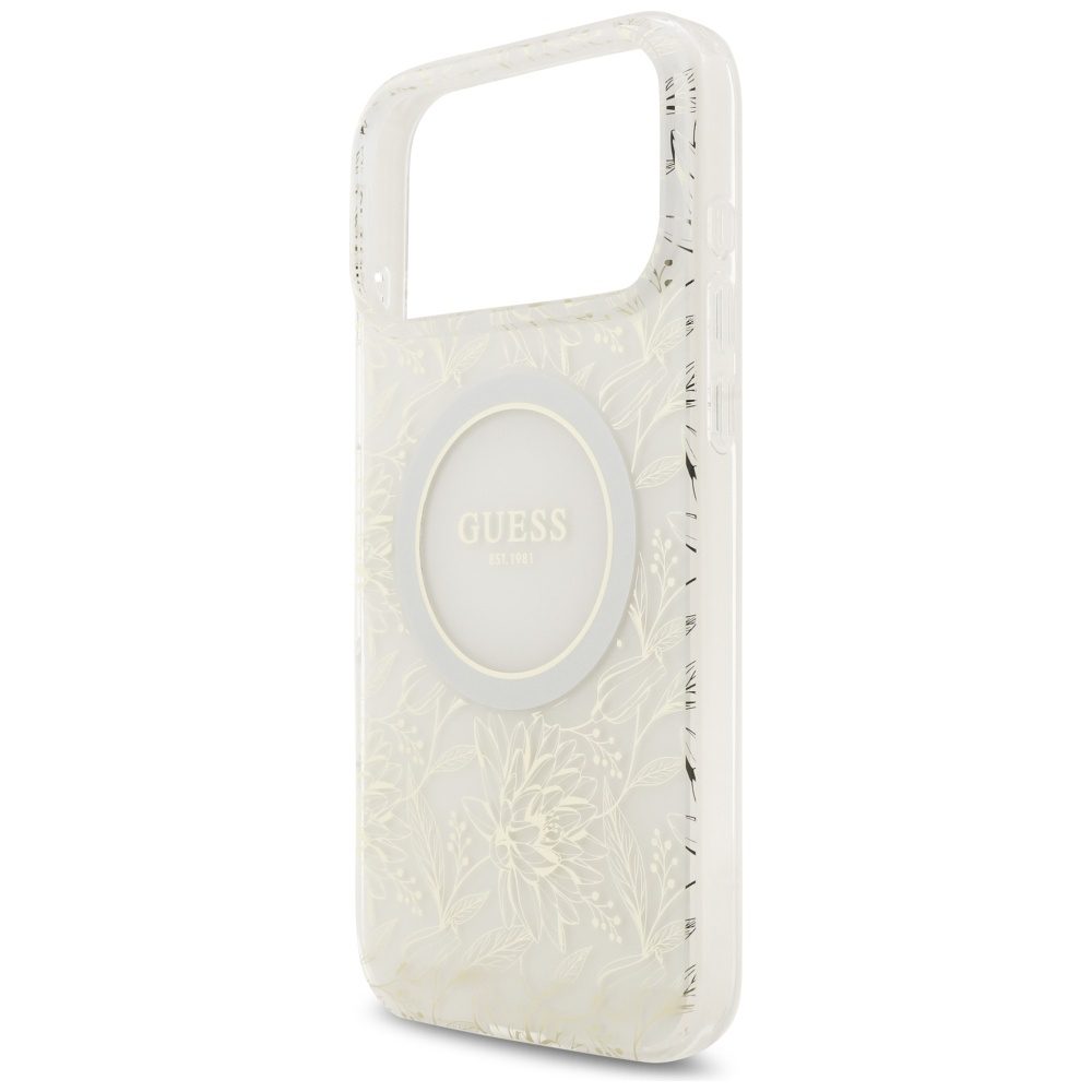 Guess Case Magsafe IML Case Flowers Electroplated Allover With Beads Strap For iPhone 17 Pro Max White