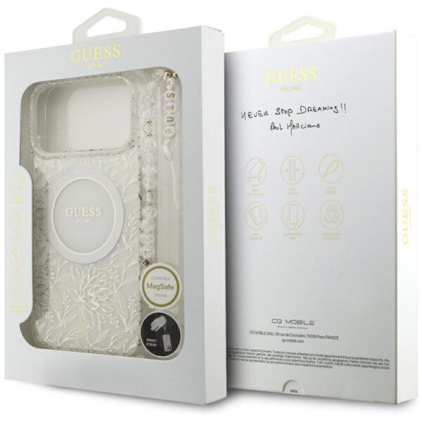 Guess Case Magsafe IML Case Flowers Electroplated Allover With Beads Strap For iPhone 17 Pro Max White