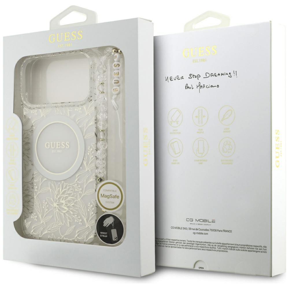 Guess Case Magsafe IML Case Flowers Electroplated Allover With Beads Strap For iPhone 17 Pro Max White