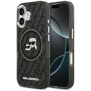 Karl Lagerfeld case Magsafe IML glitter case metal camera frame and buttons Karl and Choupette heads on KL repeated logo for iPhone 17 PUrple