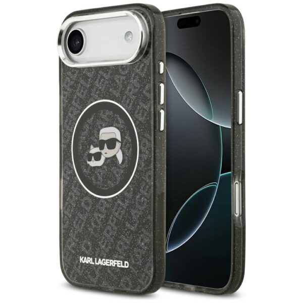 Karl Lagerfeld case Magsafe IML glitter case metal camera frame and buttons Karl and Choupette heads on KL repeated logo for iPhone 17 Air PUrple
