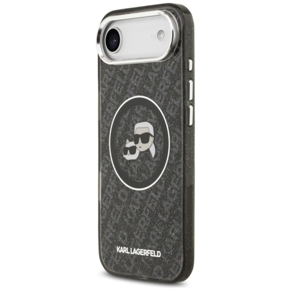 Karl Lagerfeld case Magsafe IML glitter case metal camera frame and buttons Karl and Choupette heads on KL repeated logo for iPhone 17 Air PUrple
