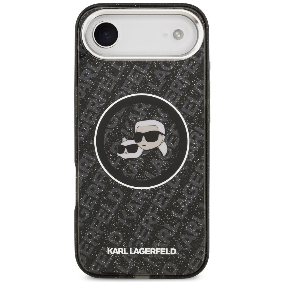 Karl Lagerfeld case Magsafe IML glitter case metal camera frame and buttons Karl and Choupette heads on KL repeated logo for iPhone 17 Air PUrple