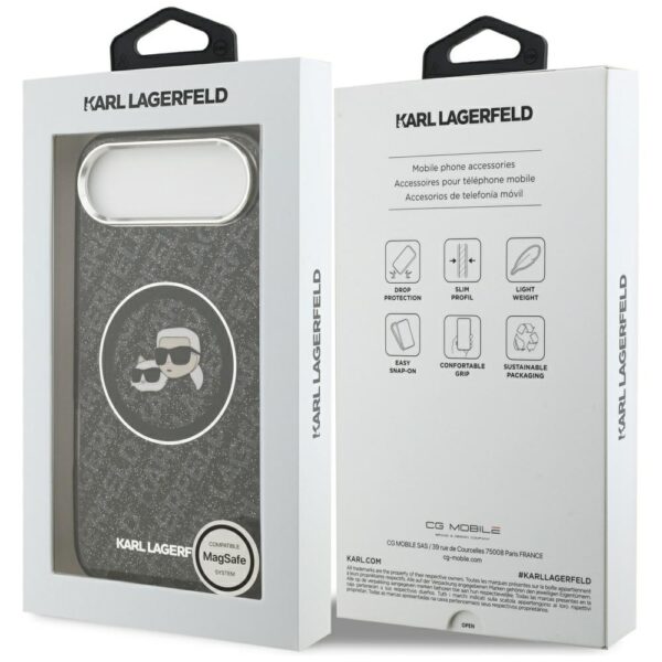 Karl Lagerfeld case Magsafe IML glitter case metal camera frame and buttons Karl and Choupette heads on KL repeated logo for iPhone 17 Air PUrple
