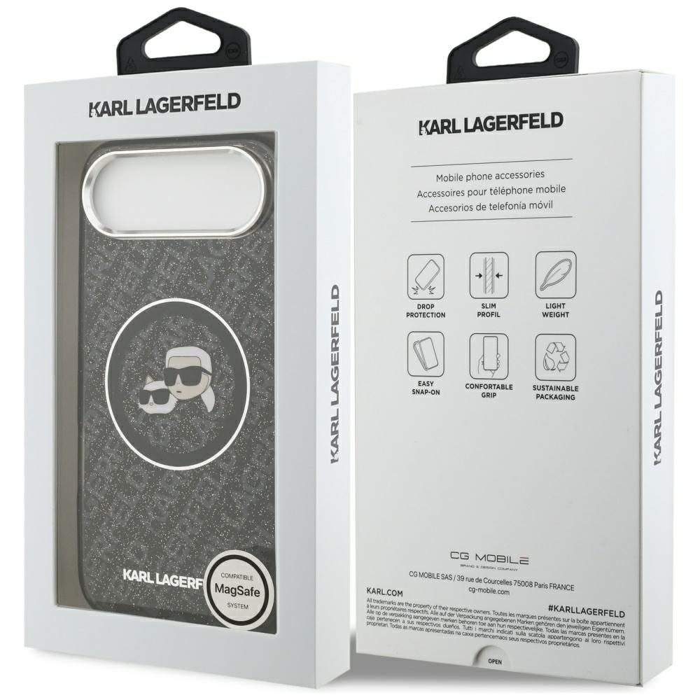 Karl Lagerfeld case Magsafe IML glitter case metal camera frame and buttons Karl and Choupette heads on KL repeated logo for iPhone 17 Air PUrple