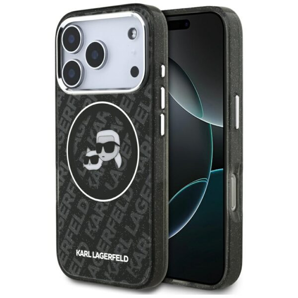 Karl Lagerfeld case Magsafe IML glitter case metal camera frame and buttons Karl and Choupette heads on KL repeated logo for iPhone 17 Pro PUrple