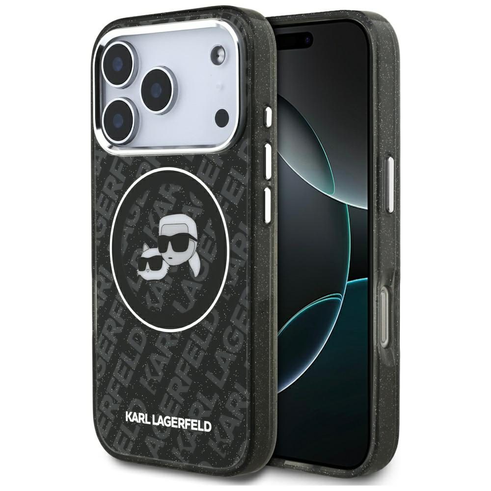 Karl Lagerfeld case Magsafe IML glitter case metal camera frame and buttons Karl and Choupette heads on KL repeated logo for iPhone 17 Pro PUrple