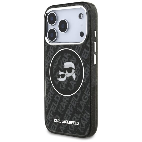 Karl Lagerfeld case Magsafe IML glitter case metal camera frame and buttons Karl and Choupette heads on KL repeated logo for iPhone 17 Pro PUrple
