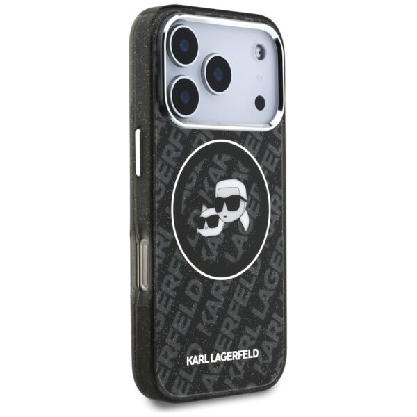 Karl Lagerfeld case Magsafe IML glitter case metal camera frame and buttons Karl and Choupette heads on KL repeated logo for iPhone 17 Pro PUrple