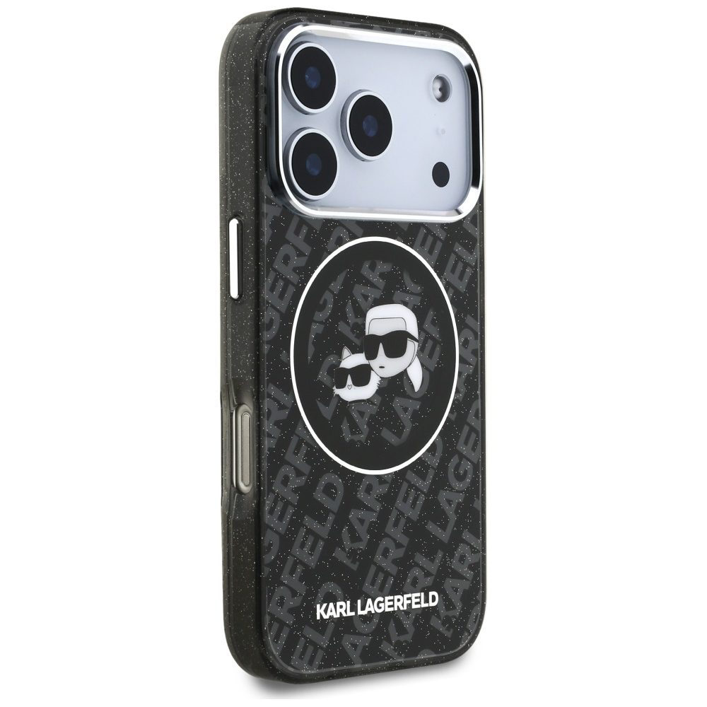 Karl Lagerfeld case Magsafe IML glitter case metal camera frame and buttons Karl and Choupette heads on KL repeated logo for iPhone 17 Pro PUrple