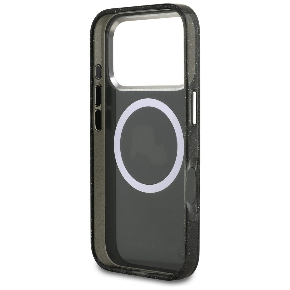 Karl Lagerfeld case Magsafe IML glitter case metal camera frame and buttons Karl and Choupette heads on KL repeated logo for iPhone 17 Pro PUrple