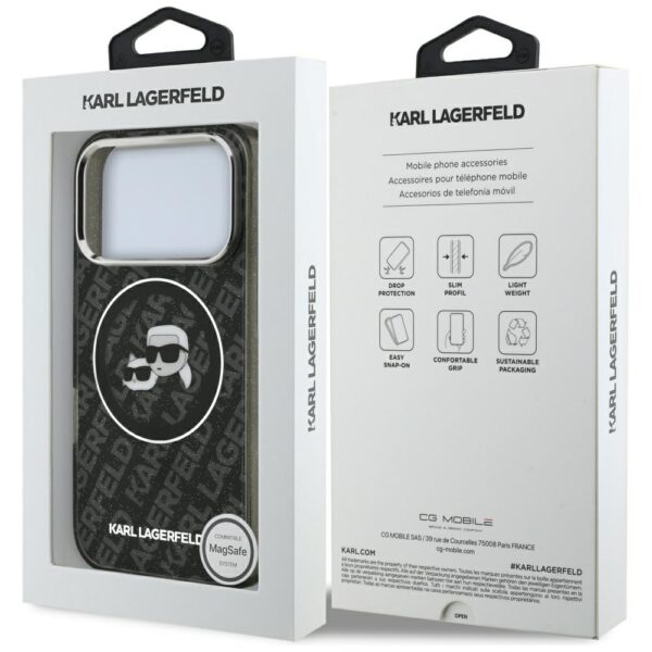 Karl Lagerfeld case Magsafe IML glitter case metal camera frame and buttons Karl and Choupette heads on KL repeated logo for iPhone 17 Pro PUrple