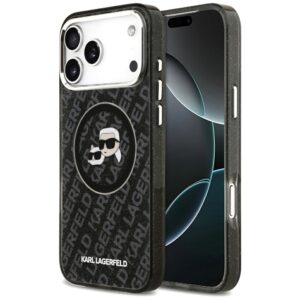 Karl Lagerfeld case Magsafe IML glitter case metal camera frame and buttons Karl and Choupette heads on KL repeated logo for iPhone 17 Pro Max PUrple