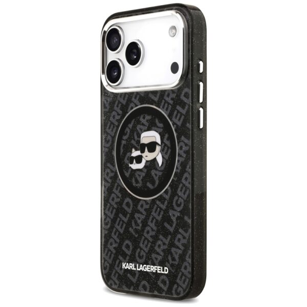 Karl Lagerfeld case Magsafe IML glitter case metal camera frame and buttons Karl and Choupette heads on KL repeated logo for iPhone 17 Pro Max PUrple