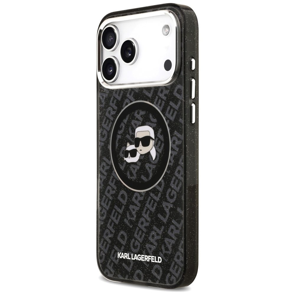 Karl Lagerfeld case Magsafe IML glitter case metal camera frame and buttons Karl and Choupette heads on KL repeated logo for iPhone 17 Pro Max PUrple