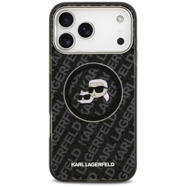 Karl Lagerfeld case Magsafe IML glitter case metal camera frame and buttons Karl and Choupette heads on KL repeated logo for iPhone 17 Pro Max PUrple