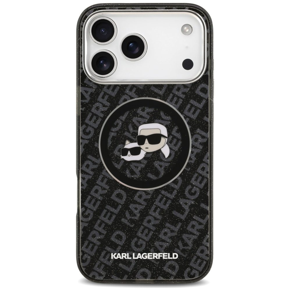 Karl Lagerfeld case Magsafe IML glitter case metal camera frame and buttons Karl and Choupette heads on KL repeated logo for iPhone 17 Pro Max PUrple