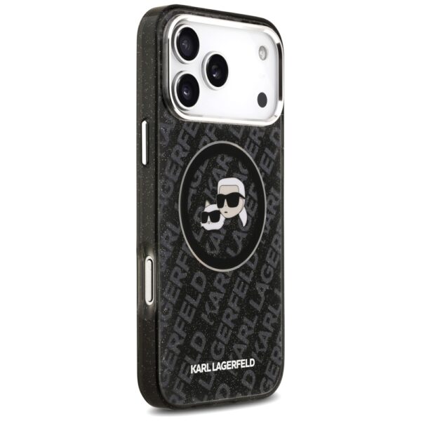 Karl Lagerfeld case Magsafe IML glitter case metal camera frame and buttons Karl and Choupette heads on KL repeated logo for iPhone 17 Pro Max PUrple