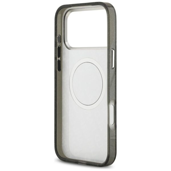 Karl Lagerfeld case Magsafe IML glitter case metal camera frame and buttons Karl and Choupette heads on KL repeated logo for iPhone 17 Pro Max PUrple