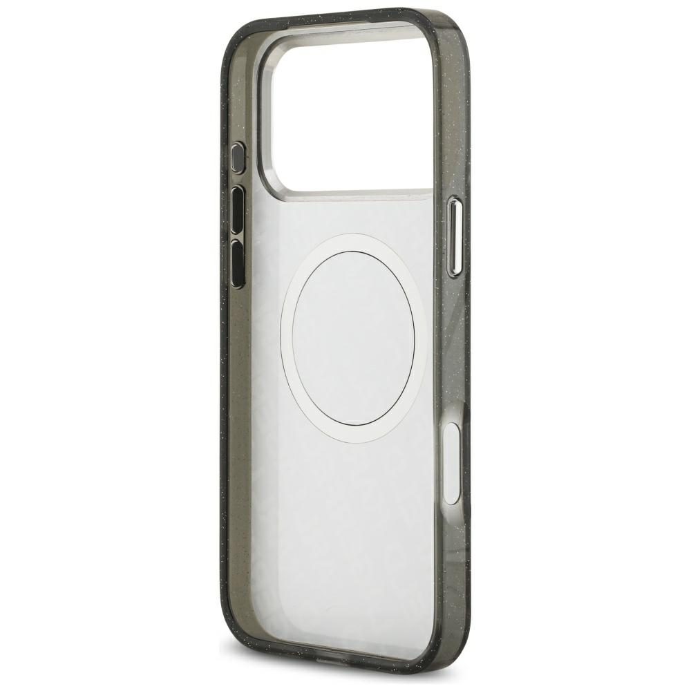 Karl Lagerfeld case Magsafe IML glitter case metal camera frame and buttons Karl and Choupette heads on KL repeated logo for iPhone 17 Pro Max PUrple