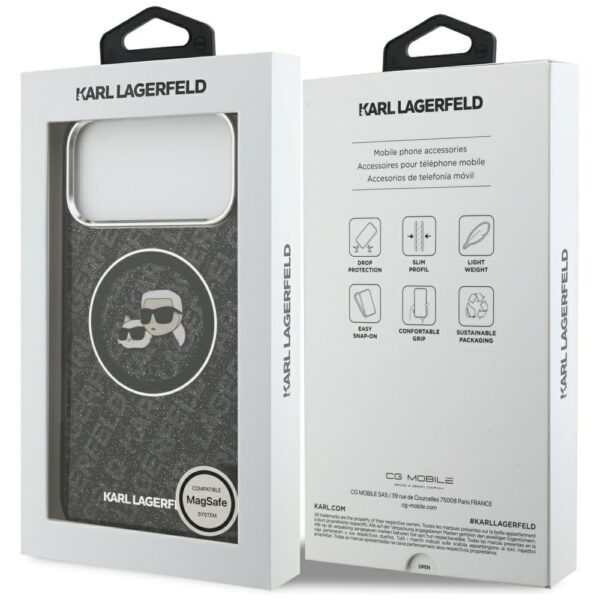 Karl Lagerfeld case Magsafe IML glitter case metal camera frame and buttons Karl and Choupette heads on KL repeated logo for iPhone 17 Pro Max PUrple
