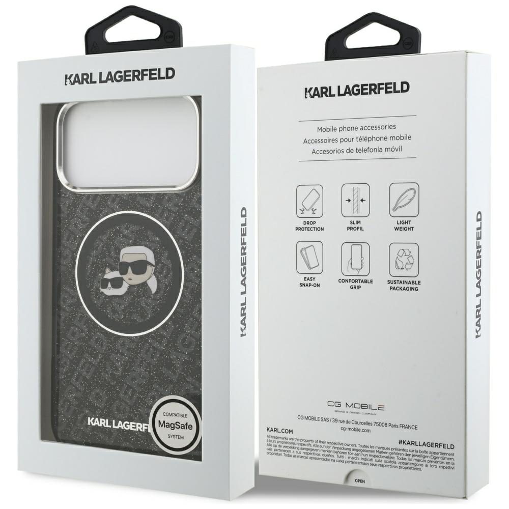Karl Lagerfeld case Magsafe IML glitter case metal camera frame and buttons Karl and Choupette heads on KL repeated logo for iPhone 17 Pro Max PUrple
