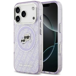 Karl Lagerfeld case Magsafe IML glitter case metal camera frame and buttons Karl and Choupette heads on KL repeated logo for iPhone 17 Pro black