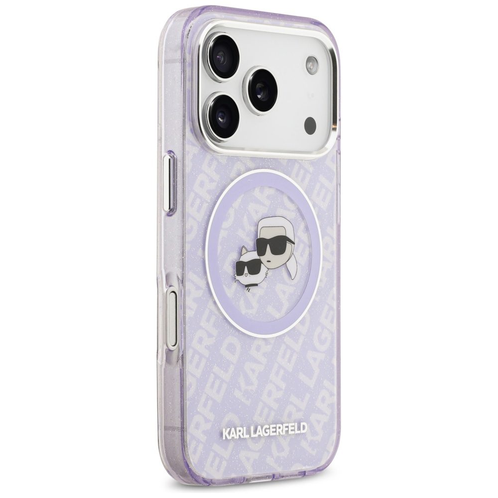 Karl Lagerfeld case Magsafe IML glitter case metal camera frame and buttons Karl and Choupette heads on KL repeated logo for iPhone 17 Pro black