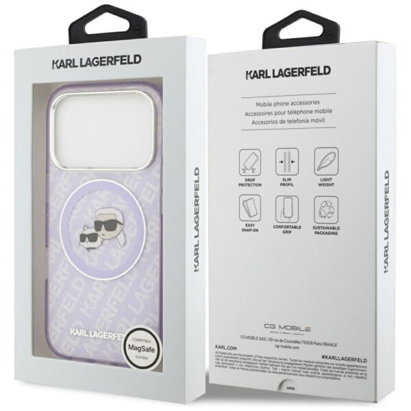 Karl Lagerfeld case Magsafe IML glitter case metal camera frame and buttons Karl and Choupette heads on KL repeated logo for iPhone 17 Pro black