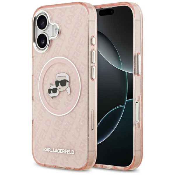 Karl Lagerfeld case Magsafe IML glitter case metal camera frame and buttons Karl and Choupette heads on KL repeated logo for iPhone 17 pink