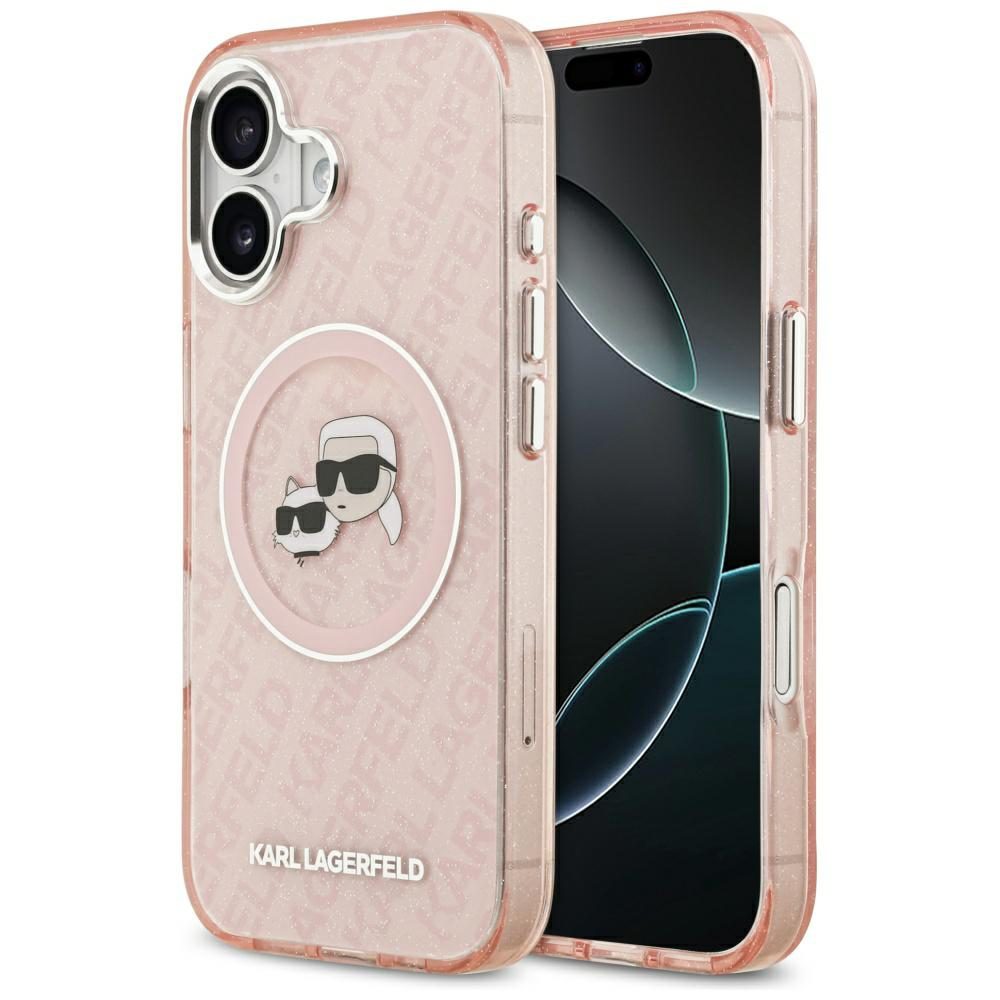 Karl Lagerfeld case Magsafe IML glitter case metal camera frame and buttons Karl and Choupette heads on KL repeated logo for iPhone 17 pink