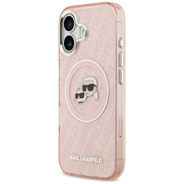 Karl Lagerfeld case Magsafe IML glitter case metal camera frame and buttons Karl and Choupette heads on KL repeated logo for iPhone 17 pink