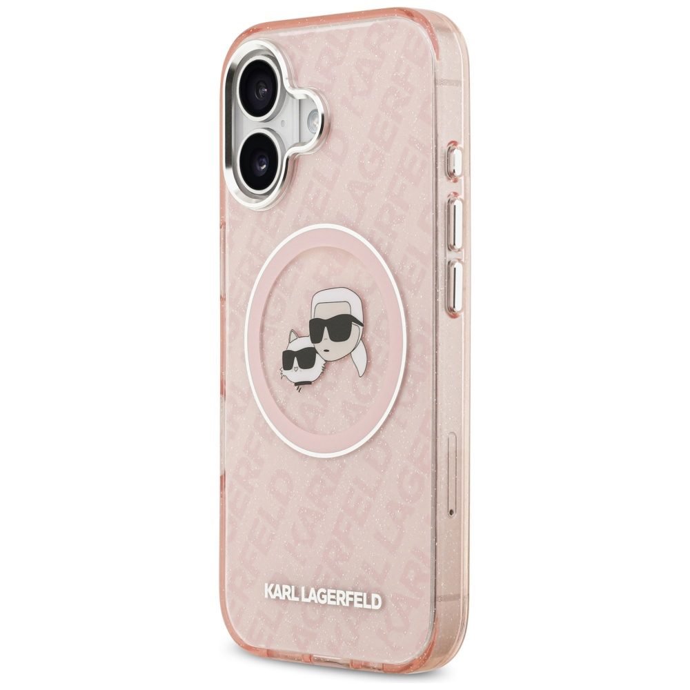 Karl Lagerfeld case Magsafe IML glitter case metal camera frame and buttons Karl and Choupette heads on KL repeated logo for iPhone 17 pink