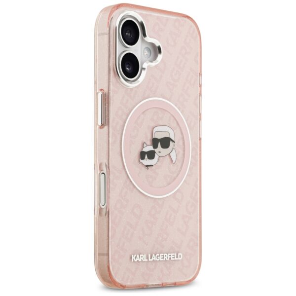 Karl Lagerfeld case Magsafe IML glitter case metal camera frame and buttons Karl and Choupette heads on KL repeated logo for iPhone 17 pink
