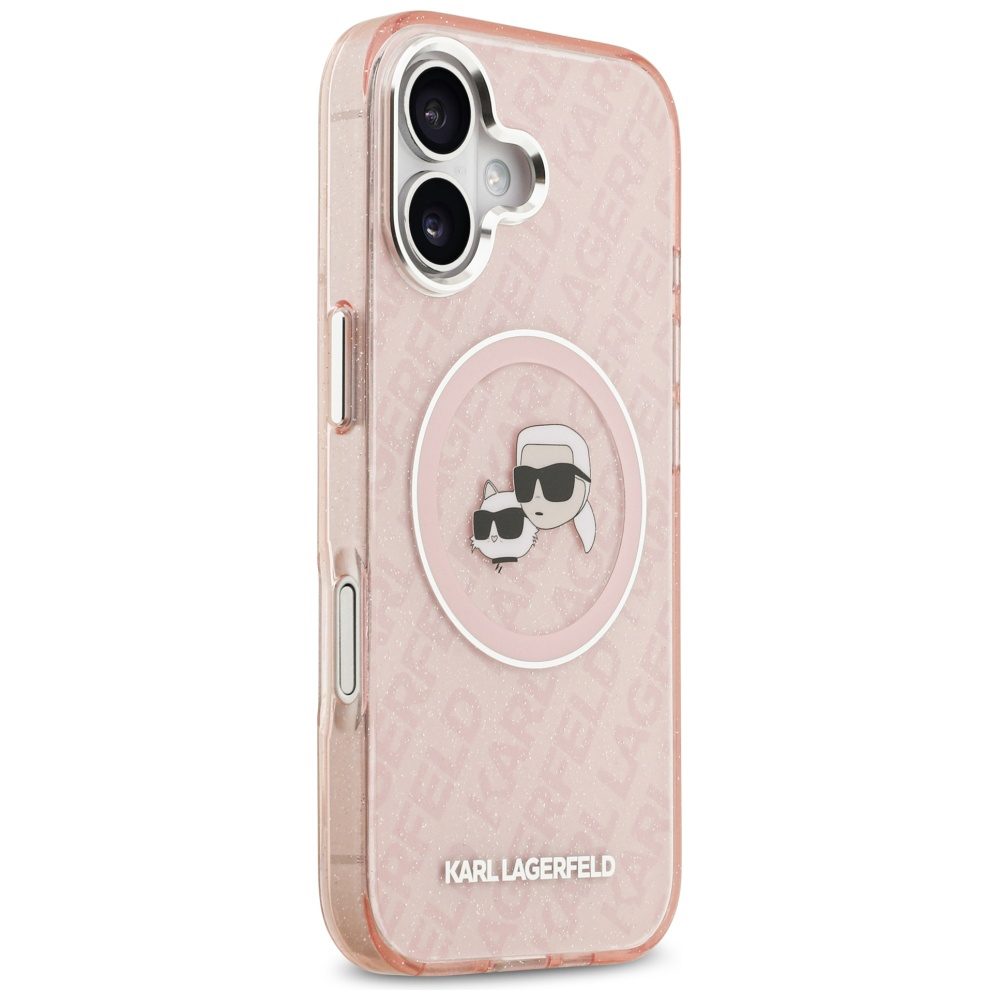 Karl Lagerfeld case Magsafe IML glitter case metal camera frame and buttons Karl and Choupette heads on KL repeated logo for iPhone 17 pink