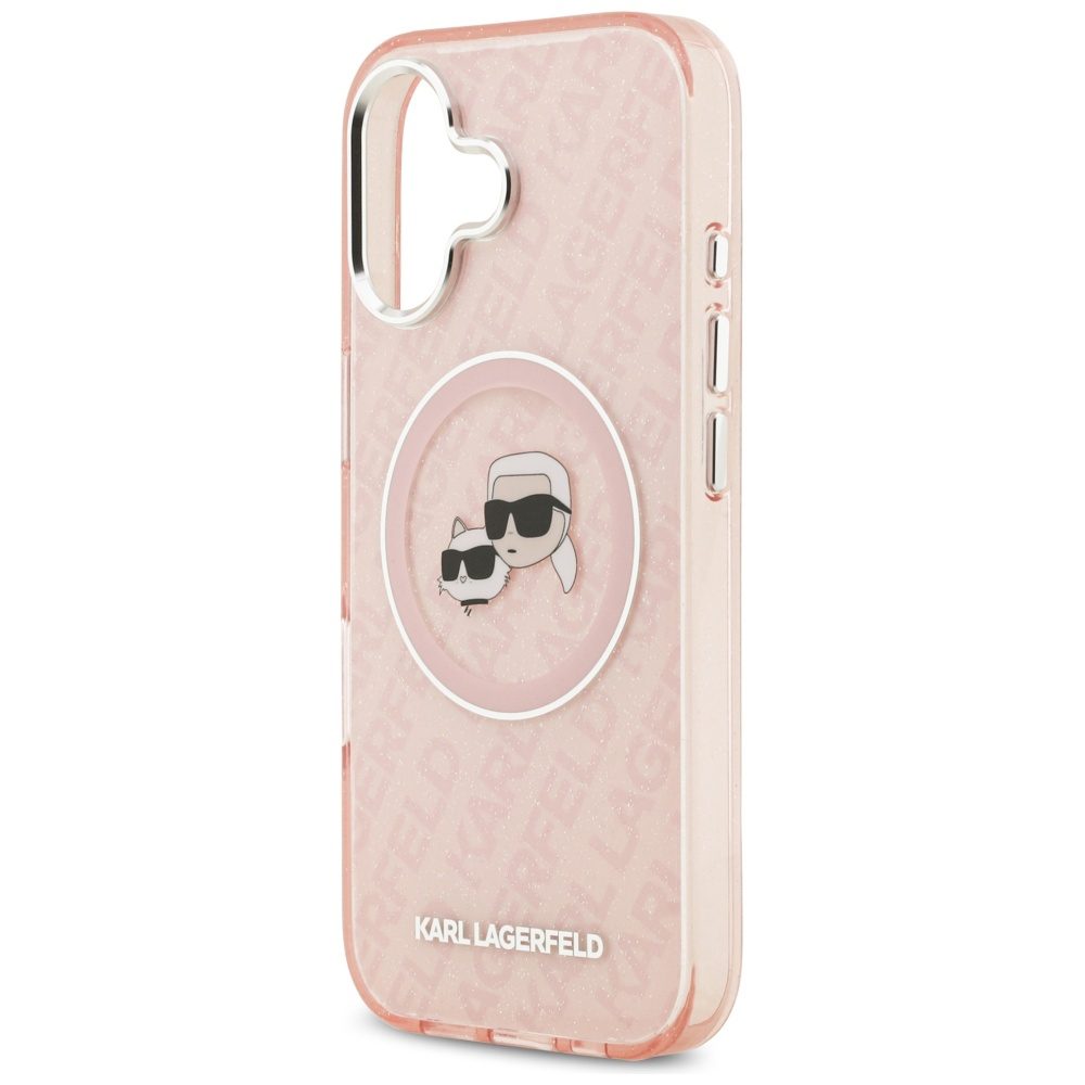 Karl Lagerfeld case Magsafe IML glitter case metal camera frame and buttons Karl and Choupette heads on KL repeated logo for iPhone 17 pink