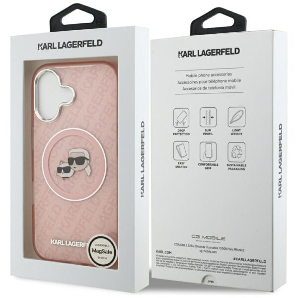 Karl Lagerfeld case Magsafe IML glitter case metal camera frame and buttons Karl and Choupette heads on KL repeated logo for iPhone 17 pink