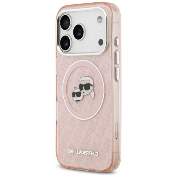 Karl Lagerfeld case Magsafe IML glitter case metal camera frame and buttons Karl and Choupette heads on KL repeated logo for iPhone 17 Pro Max pink