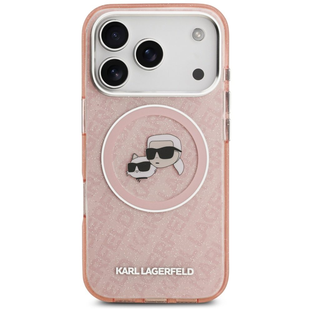 473667_oryg Karl Lagerfeld case Magsafe IML glitter case metal camera frame and buttons Karl and Choupette heads on KL repeated logo for iPhone 17 Pro Max pink