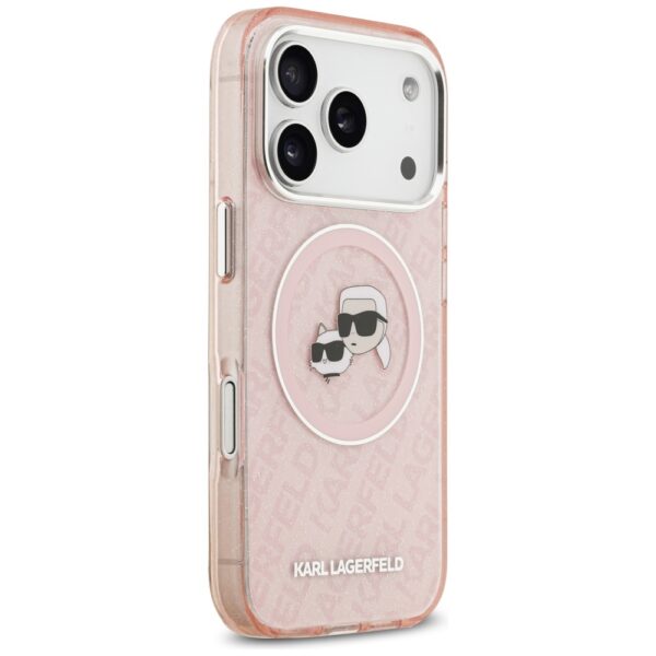 Karl Lagerfeld case Magsafe IML glitter case metal camera frame and buttons Karl and Choupette heads on KL repeated logo for iPhone 17 Pro Max pink
