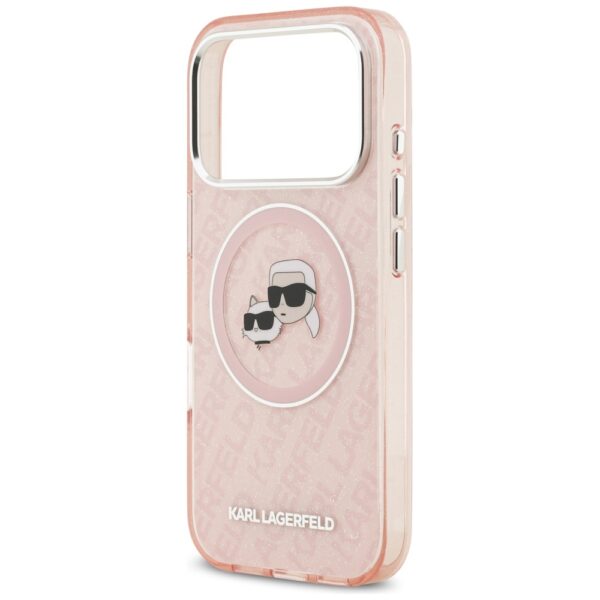 Karl Lagerfeld case Magsafe IML glitter case metal camera frame and buttons Karl and Choupette heads on KL repeated logo for iPhone 17 Pro Max pink