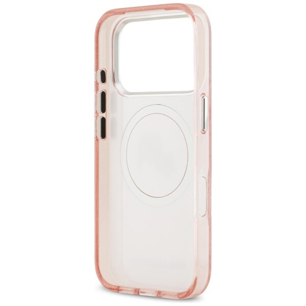 Karl Lagerfeld case Magsafe IML glitter case metal camera frame and buttons Karl and Choupette heads on KL repeated logo for iPhone 17 Pro Max pink