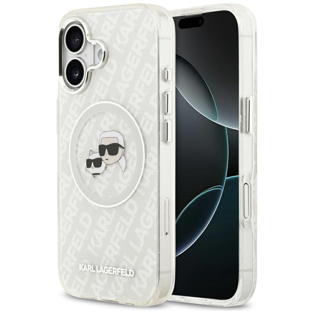 Karl Lagerfeld case Magsafe IML glitter case metal camera frame and buttons Karl and Choupette heads on KL repeated logo for iPhone 17 grey