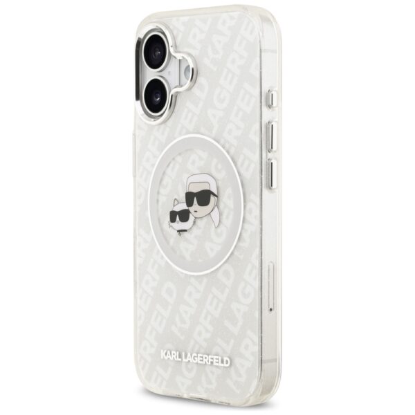 Karl Lagerfeld case Magsafe IML glitter case metal camera frame and buttons Karl and Choupette heads on KL repeated logo for iPhone 17 grey