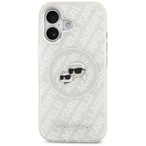 Karl Lagerfeld case Magsafe IML glitter case metal camera frame and buttons Karl and Choupette heads on KL repeated logo for iPhone 17 grey