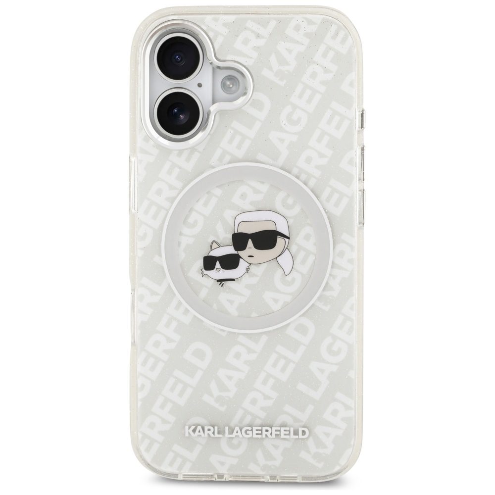Karl Lagerfeld case Magsafe IML glitter case metal camera frame and buttons Karl and Choupette heads on KL repeated logo for iPhone 17 grey