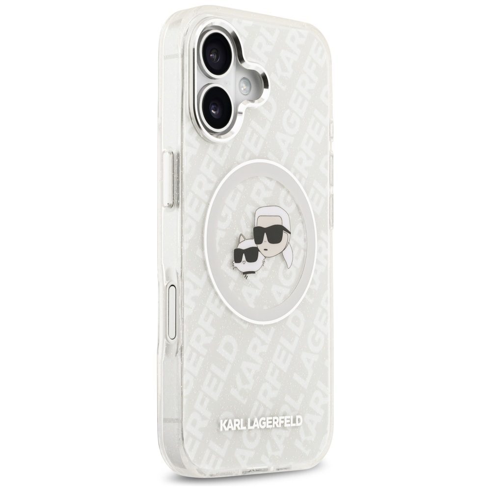 Karl Lagerfeld case Magsafe IML glitter case metal camera frame and buttons Karl and Choupette heads on KL repeated logo for iPhone 17 grey