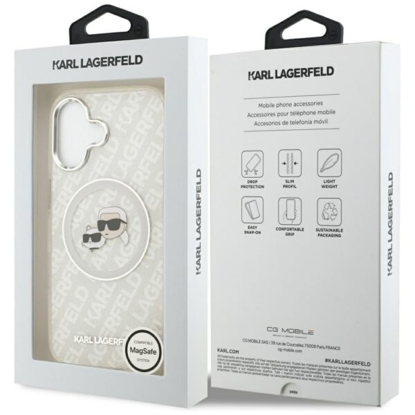 Karl Lagerfeld case Magsafe IML glitter case metal camera frame and buttons Karl and Choupette heads on KL repeated logo for iPhone 17 grey