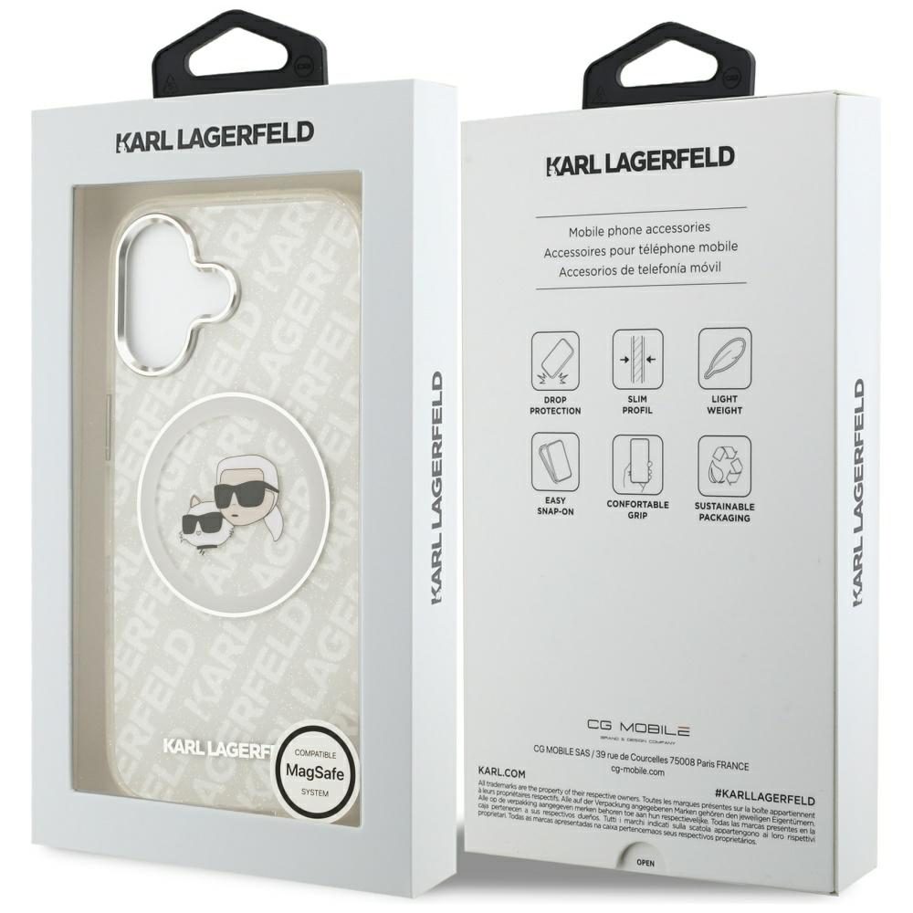 Karl Lagerfeld case Magsafe IML glitter case metal camera frame and buttons Karl and Choupette heads on KL repeated logo for iPhone 17 grey